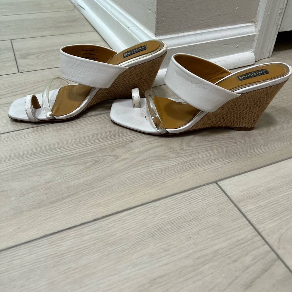 Jaggar White Wedge Mules, Size 8